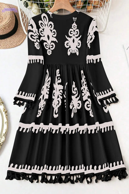 Black Plus Size Western Floral Print Fringed V Neck Dress Aaria Tees
