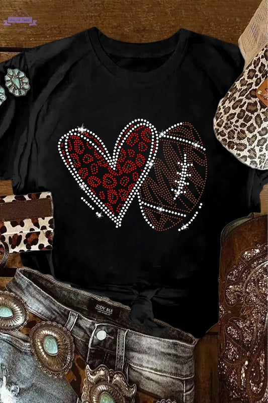 Black Rhinestone Rugby Football Heart Shape Graphic T Shirt Aaria Tees