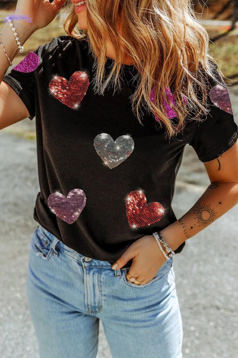 Black Sequin Heart Patched Pattern Crewneck Valentines Tee Aaria Tees