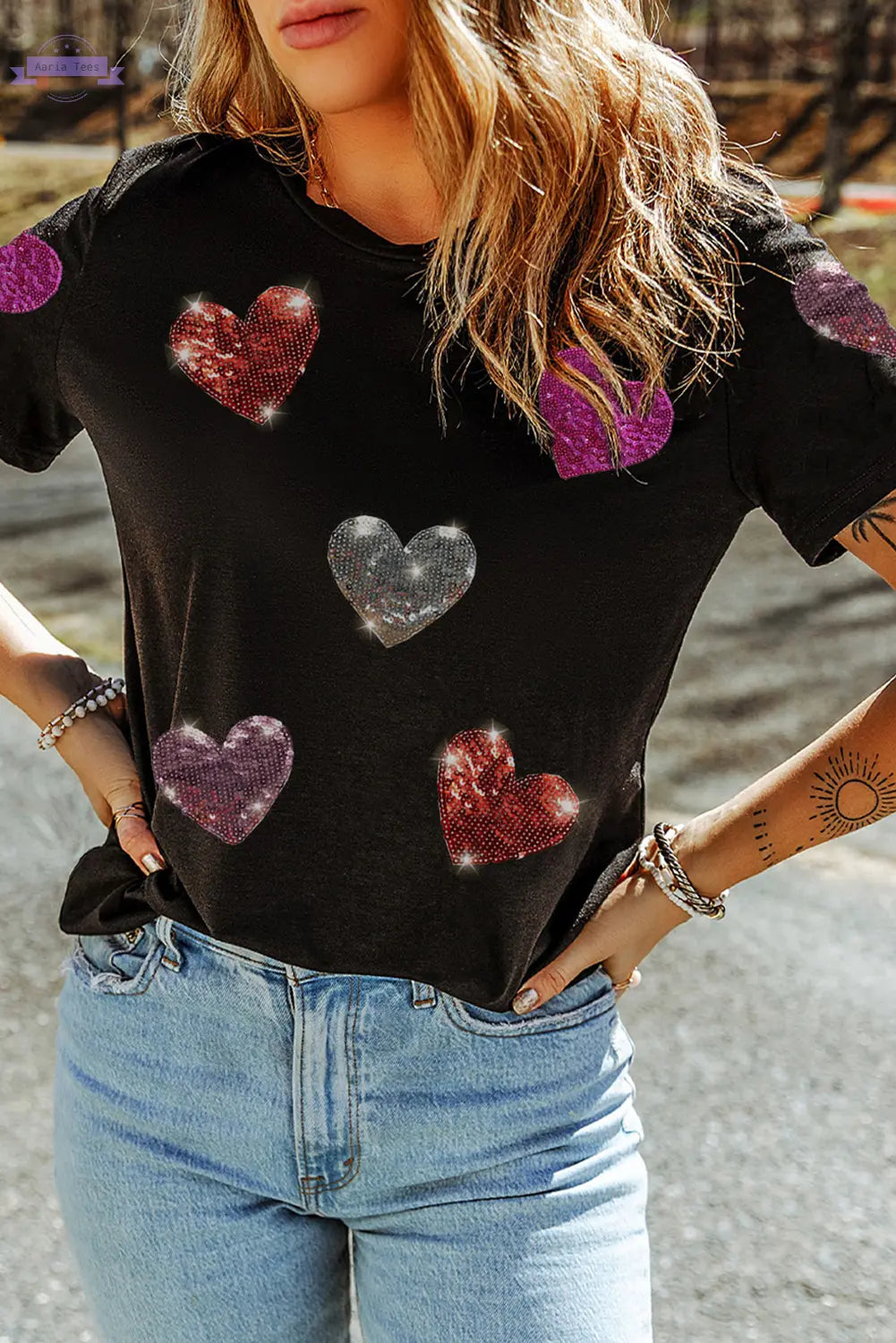 Black Sequin Heart Patched Pattern Crewneck Valentines Tee Aaria Tees