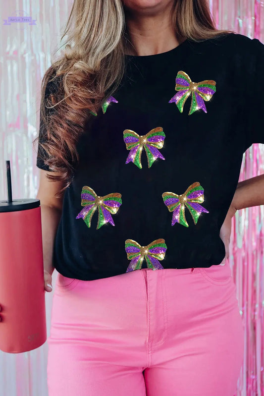 Black Sequin Mardi Gras Bow Graphic Crewneck Tee Aaria Tees