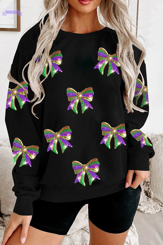 Black Sequin Mardi Gras Bow Graphic Drop Shoulder Pullover Sweatshirt Aaria Tees