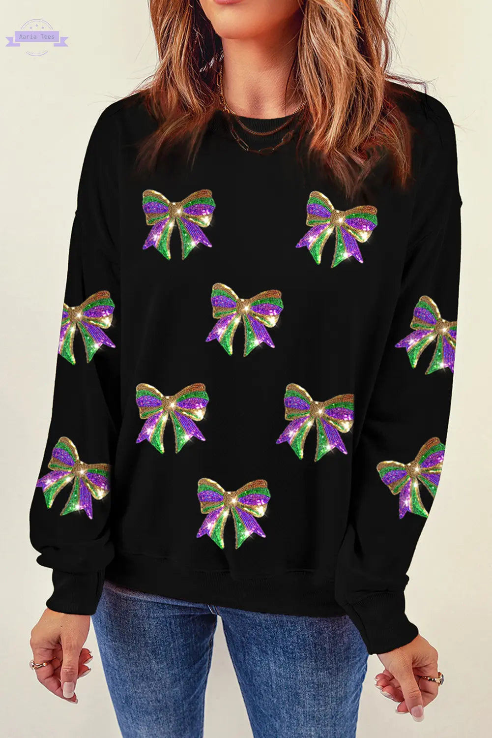 Black Sequin Mardi Gras Bow Graphic Drop Shoulder Pullover Sweatshirt Aaria Tees