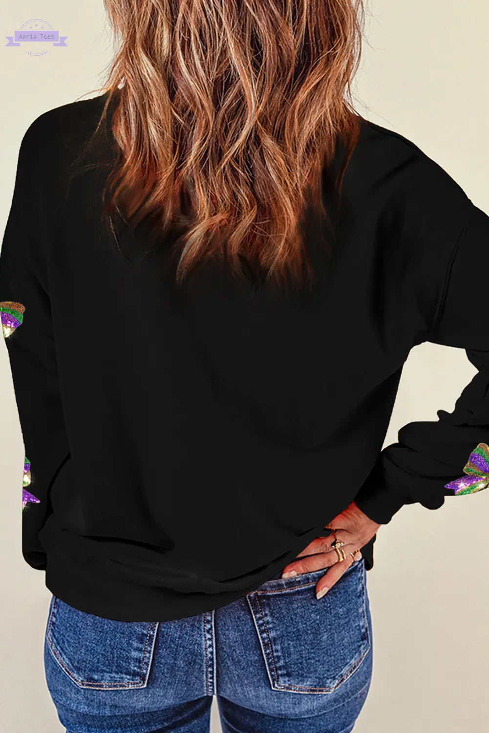 Black Sequin Mardi Gras Bow Graphic Drop Shoulder Pullover Sweatshirt Aaria Tees