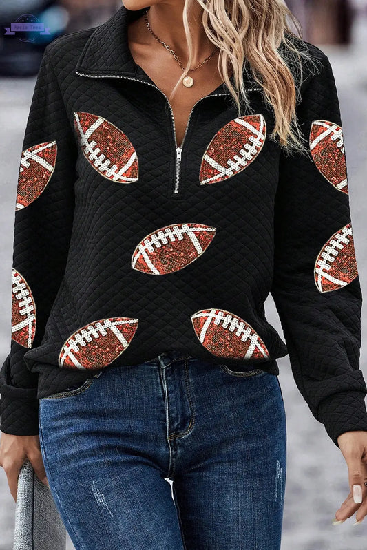 Black Sequin Rugby Football Patched Quarter Zip Textured Sweatshirt Aaria Tees