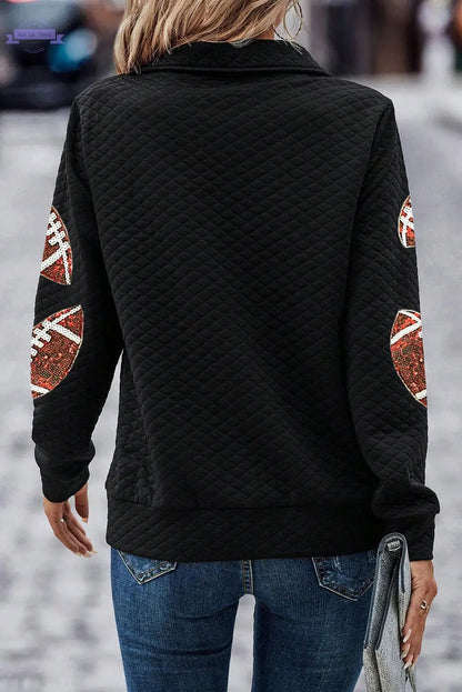 Black Sequin Rugby Football Patched Quarter Zip Textured Sweatshirt Aaria Tees