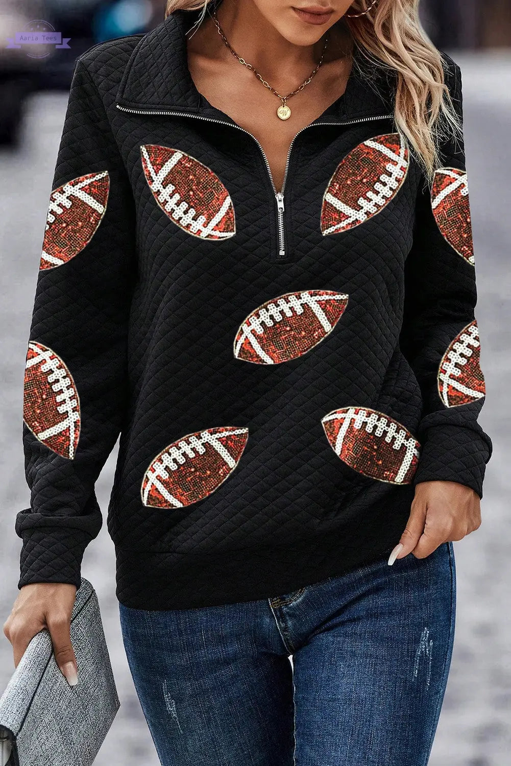 Black Sequin Rugby Football Patched Quarter Zip Textured Sweatshirt Aaria Tees