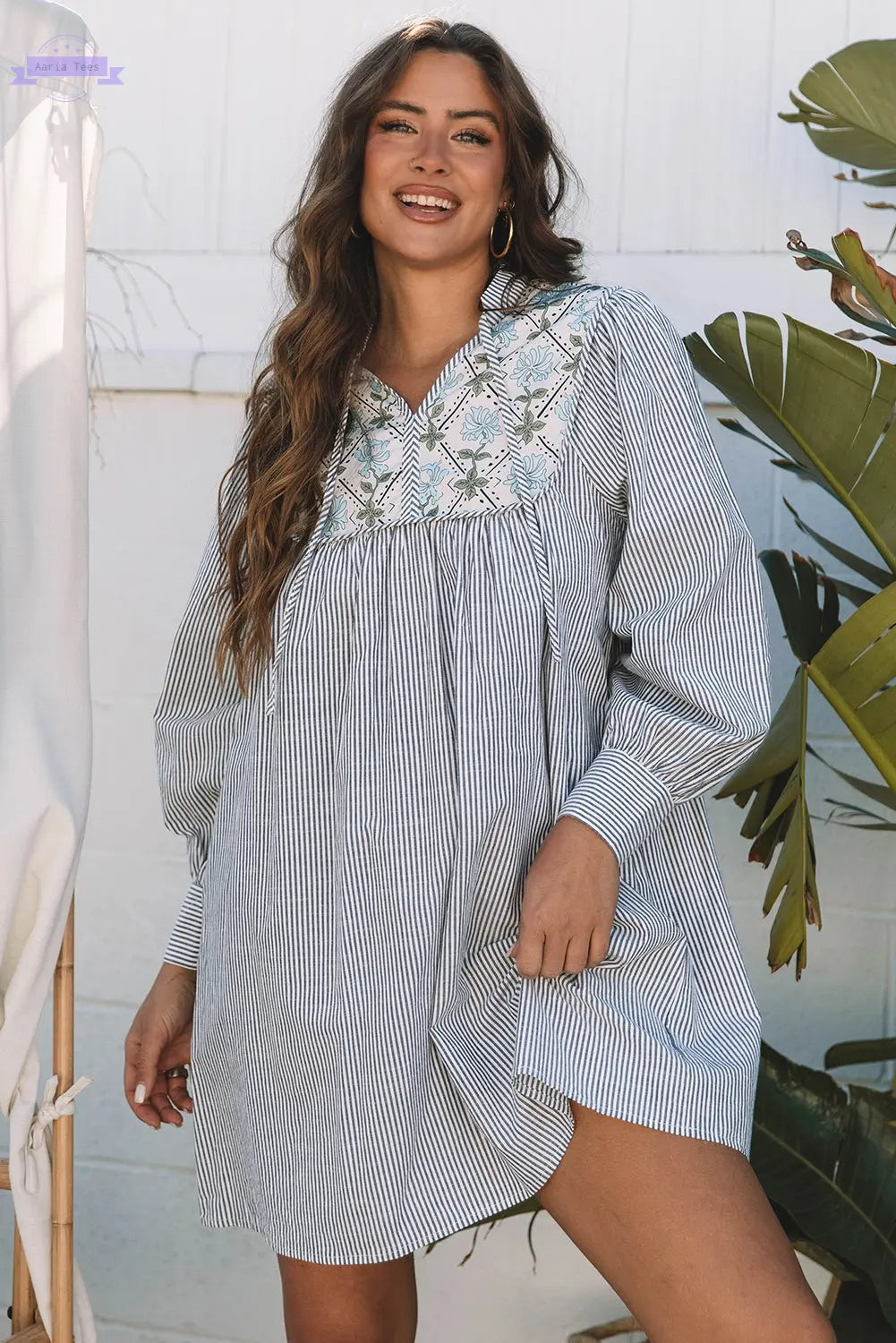 Black Stripe Floral Patchwork Tied V Neck Shift Long Sleeve Mini Dress Aaria Tees Aaria Tees