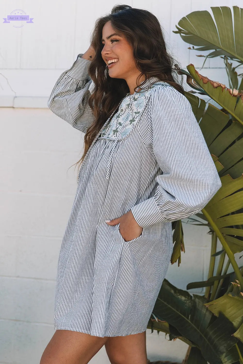 Black Stripe Floral Patchwork Tied V Neck Shift Long Sleeve Mini Dress Aaria Tees Aaria Tees