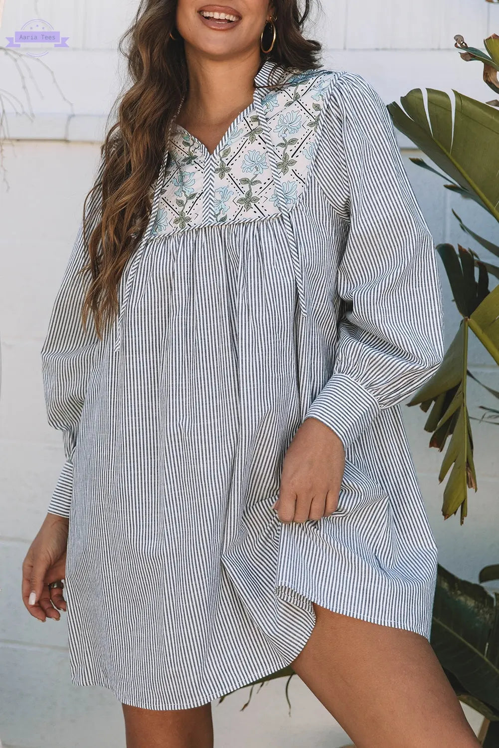 Black Stripe Floral Patchwork Tied V Neck Shift Long Sleeve Mini Dress Aaria Tees