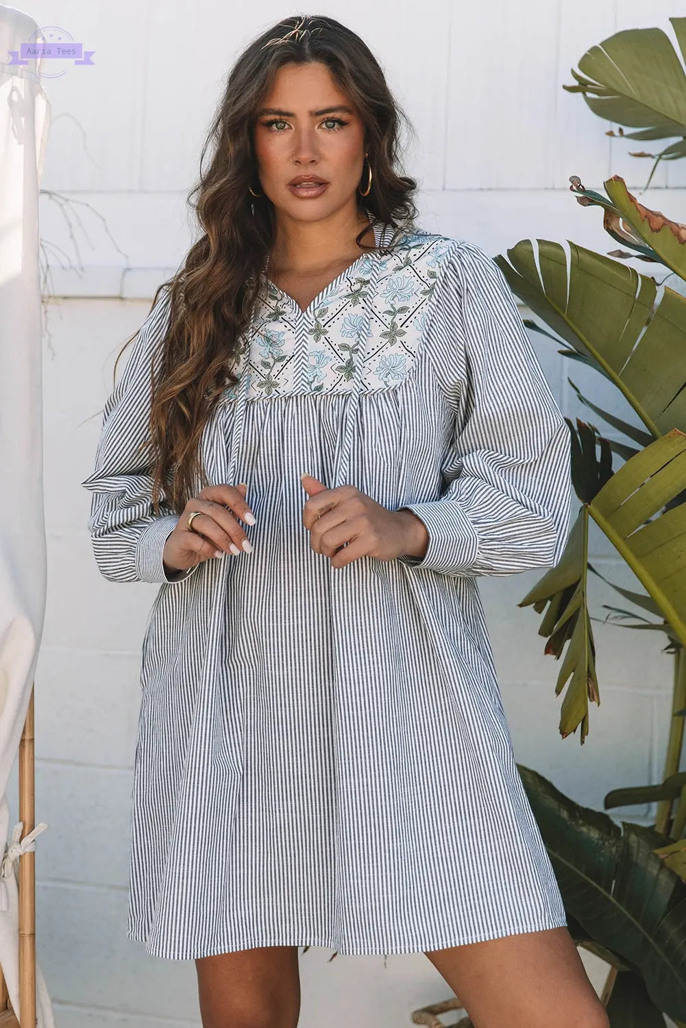 Black Stripe Floral Patchwork Tied V Neck Shift Long Sleeve Mini Dress Aaria Tees Aaria Tees