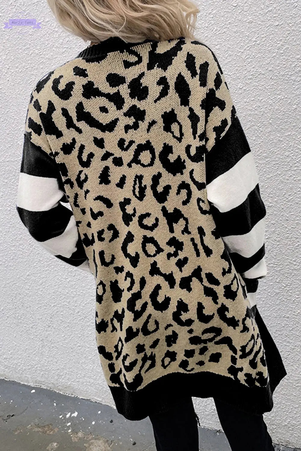 Black Stripe Sleeve Leopard Print Open Front Cardigan With Pockets Aaria Tees