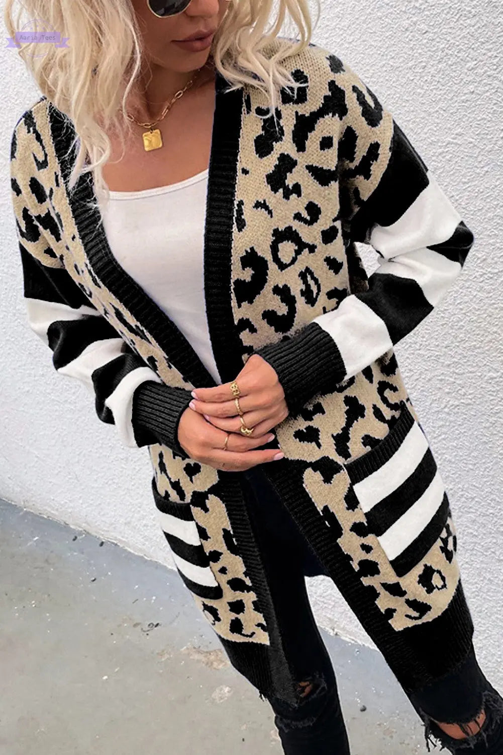 Black Stripe Sleeve Leopard Print Open Front Cardigan With Pockets Aaria Tees