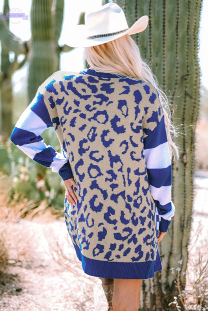Black Stripe Sleeve Leopard Print Open Front Cardigan With Pockets Aaria Tees