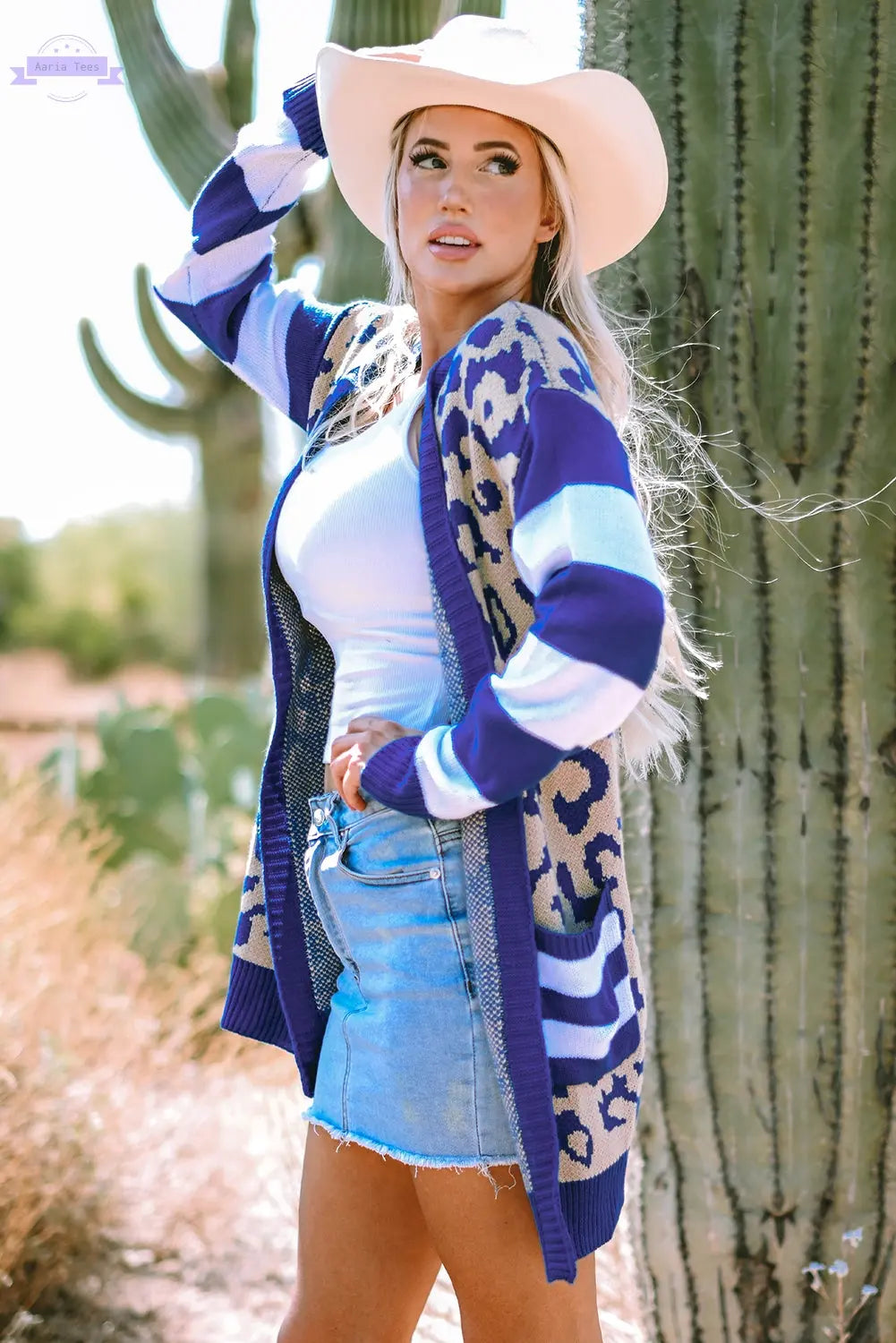 Black Stripe Sleeve Leopard Print Open Front Cardigan With Pockets Aaria Tees
