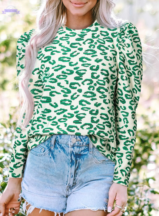 Blackish Green Leopard Print Mock Neck Puff Sleeve Top Aaria Tees