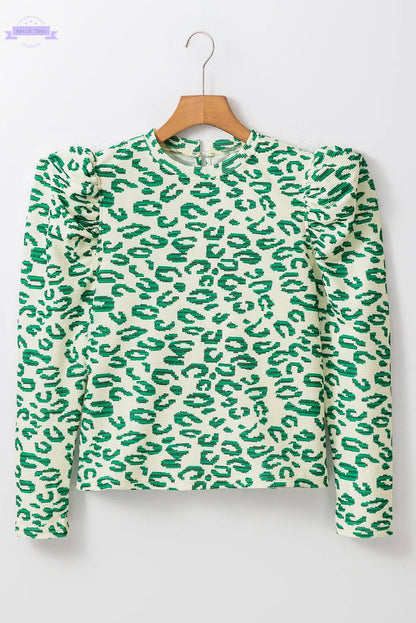 Blackish Green Leopard Print Mock Neck Puff Sleeve Top Aaria Tees