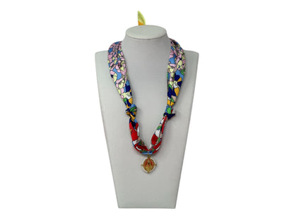 Scarf Charm Necklace - Blue Multi Flower with Mary Pendant with Pearls