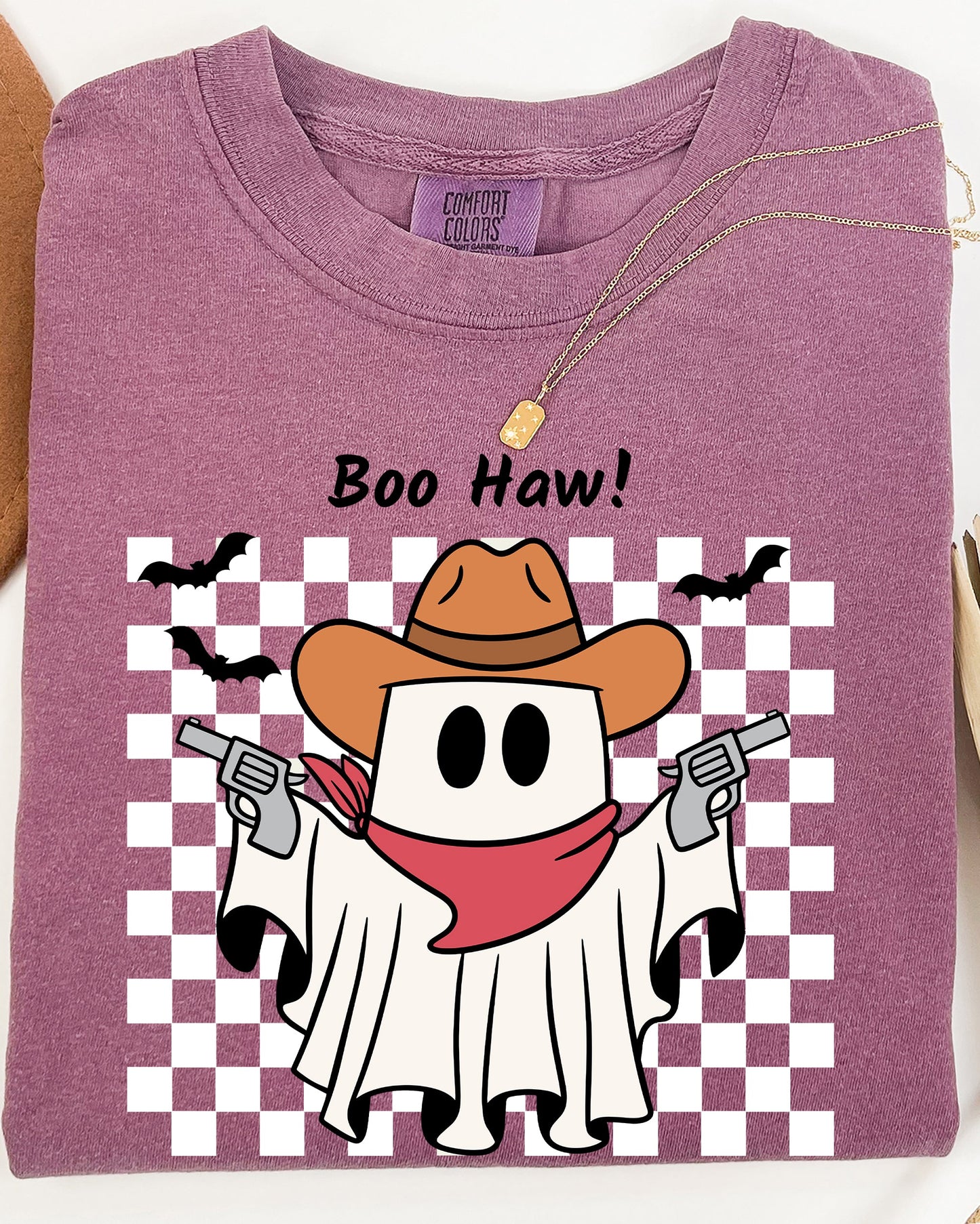 Boo Haw, Cowboy Ghost, Checkered, Western, Halloween Shirt Comfort Colors T-Shirt