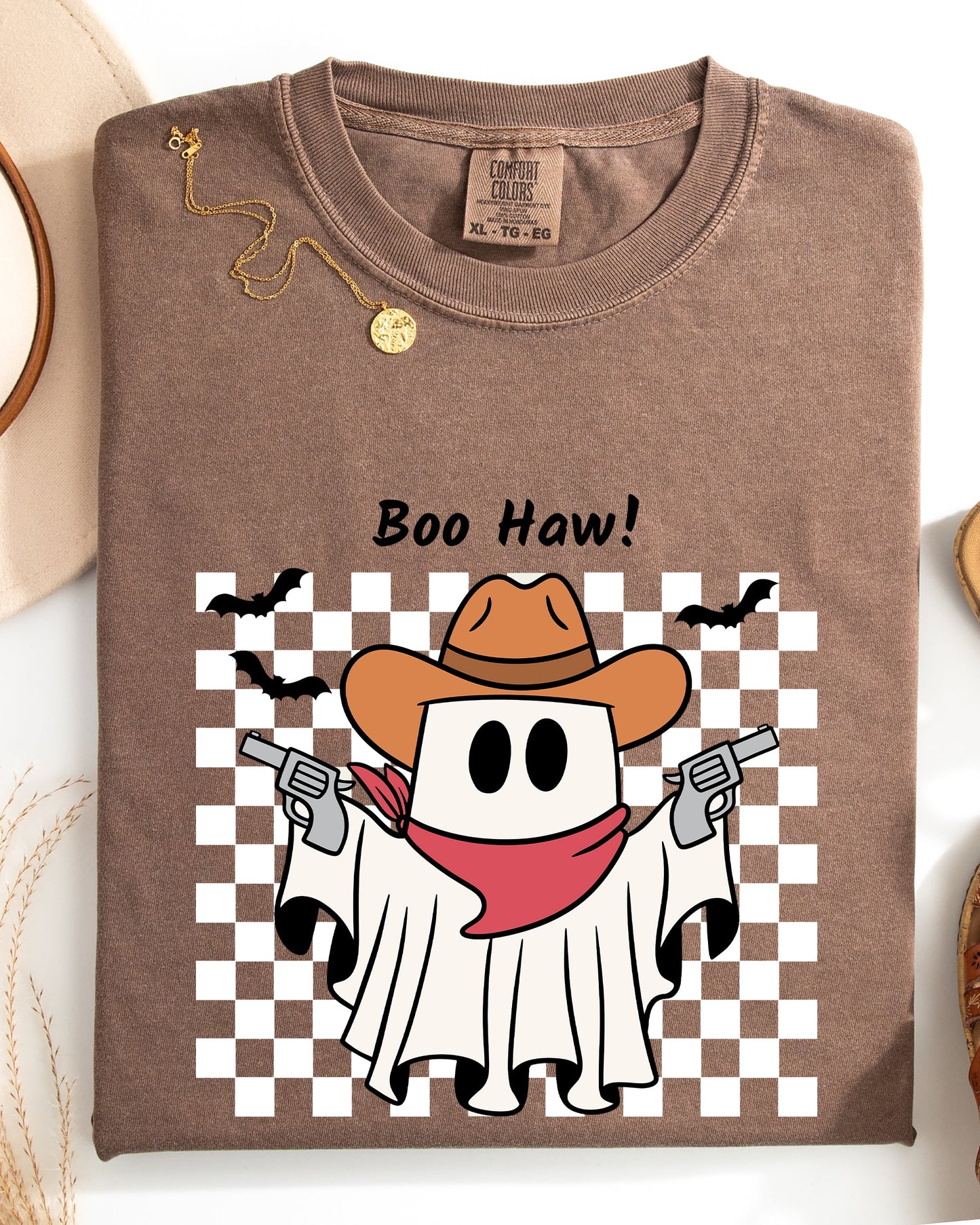Boo Haw, Cowboy Ghost, Checkered, Western, Halloween Shirt Comfort Colors T-Shirt