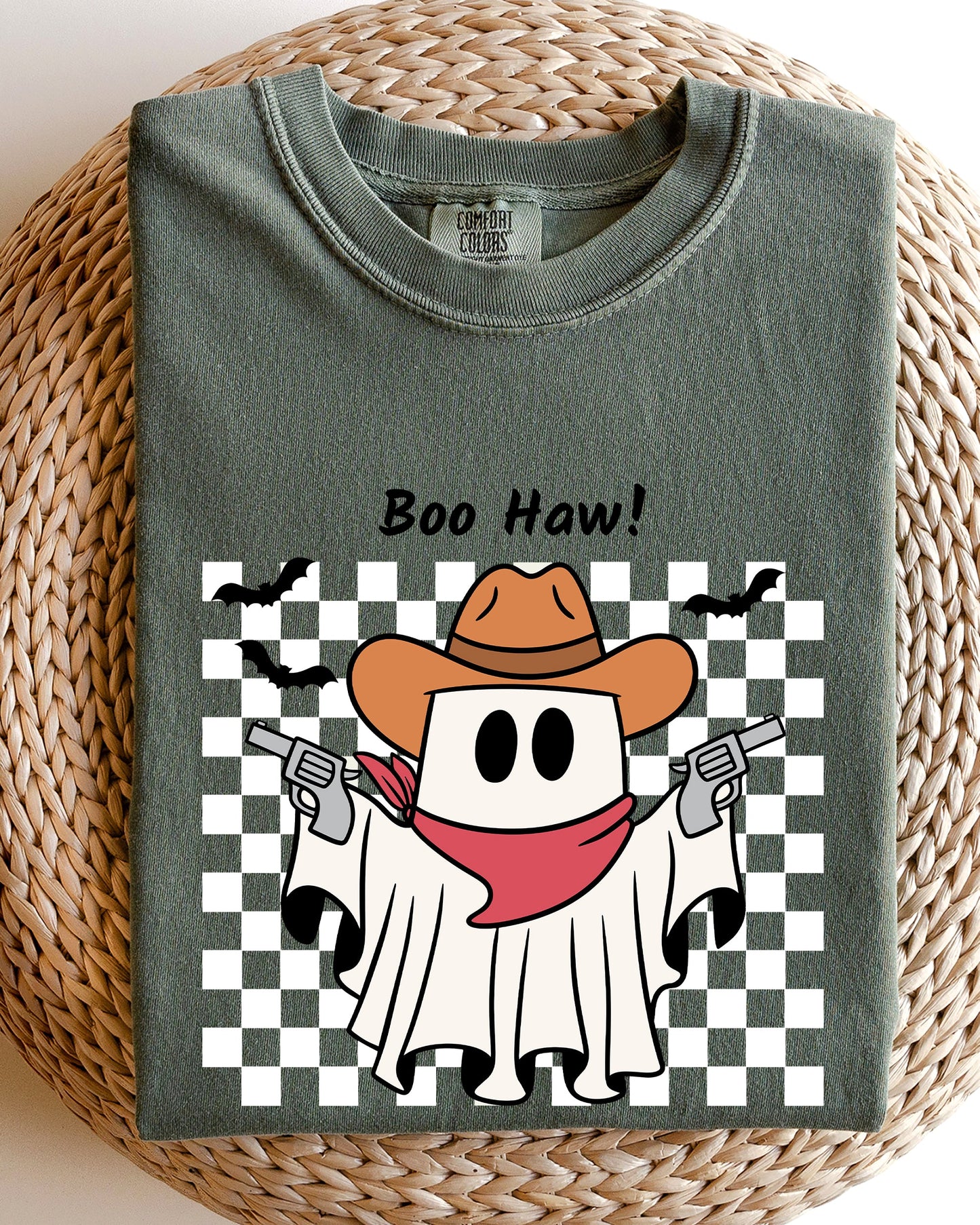 Boo Haw, Cowboy Ghost, Checkered, Western, Halloween Shirt Comfort Colors T-Shirt