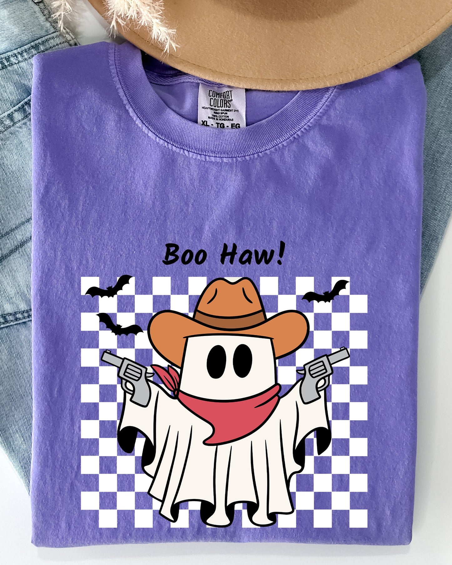 Boo Haw, Cowboy Ghost, Checkered, Western, Halloween Shirt Comfort Colors T-Shirt
