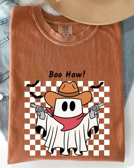 Boo Haw, Cowboy Ghost, Checkered, Western, Halloween Shirt Comfort Colors T-Shirt