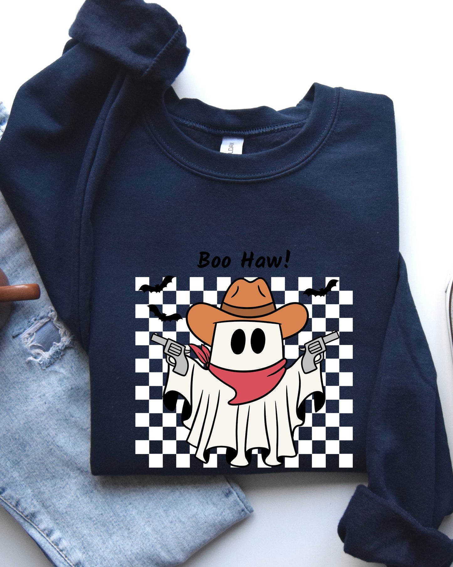 Boo Haw, Cowboy Ghost, Checkered, Western, Halloween Sweatshirt