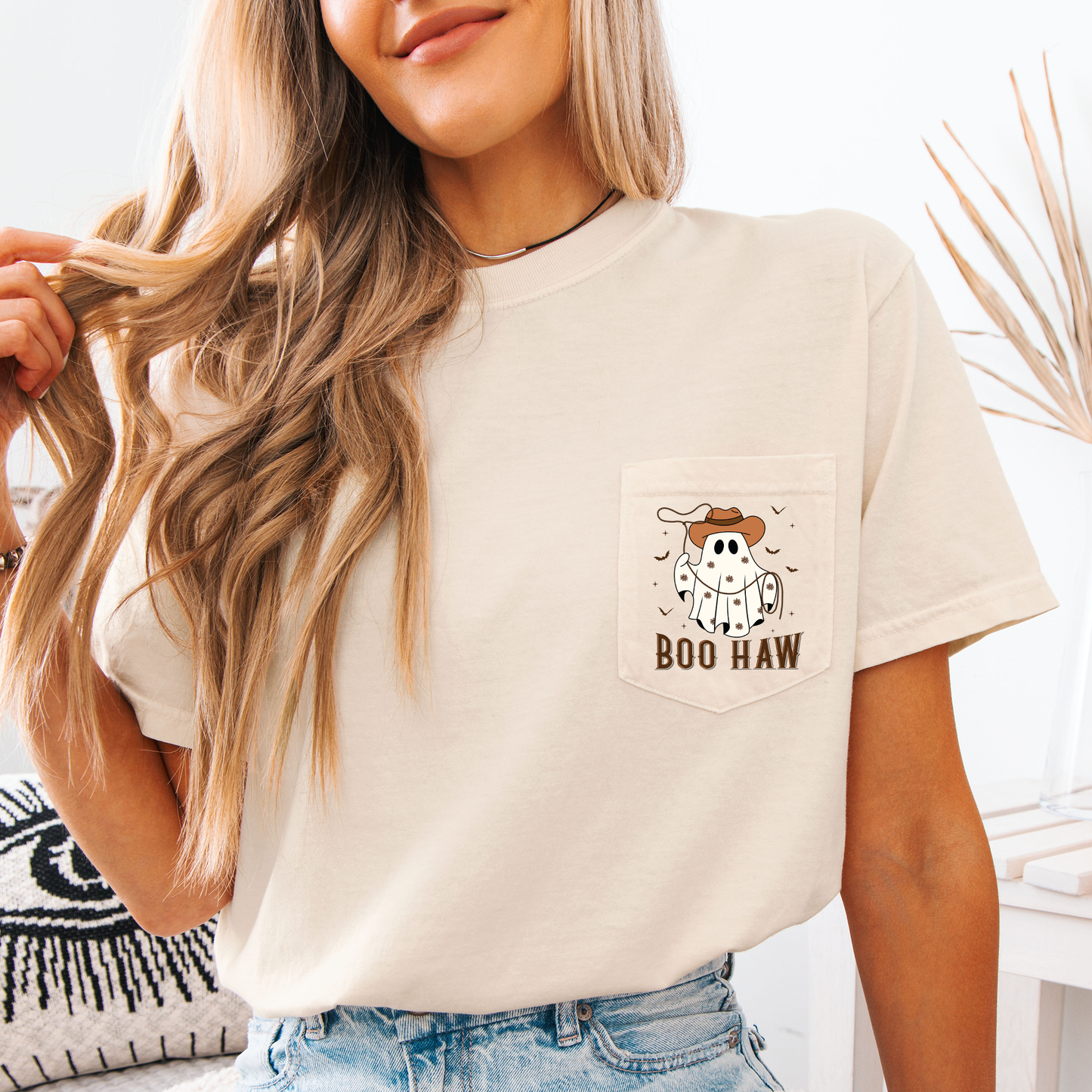 Boo Haw, Lasso, Cowboy, Western, Country, Halloween, Comfort Colors Pocket T-Shirt