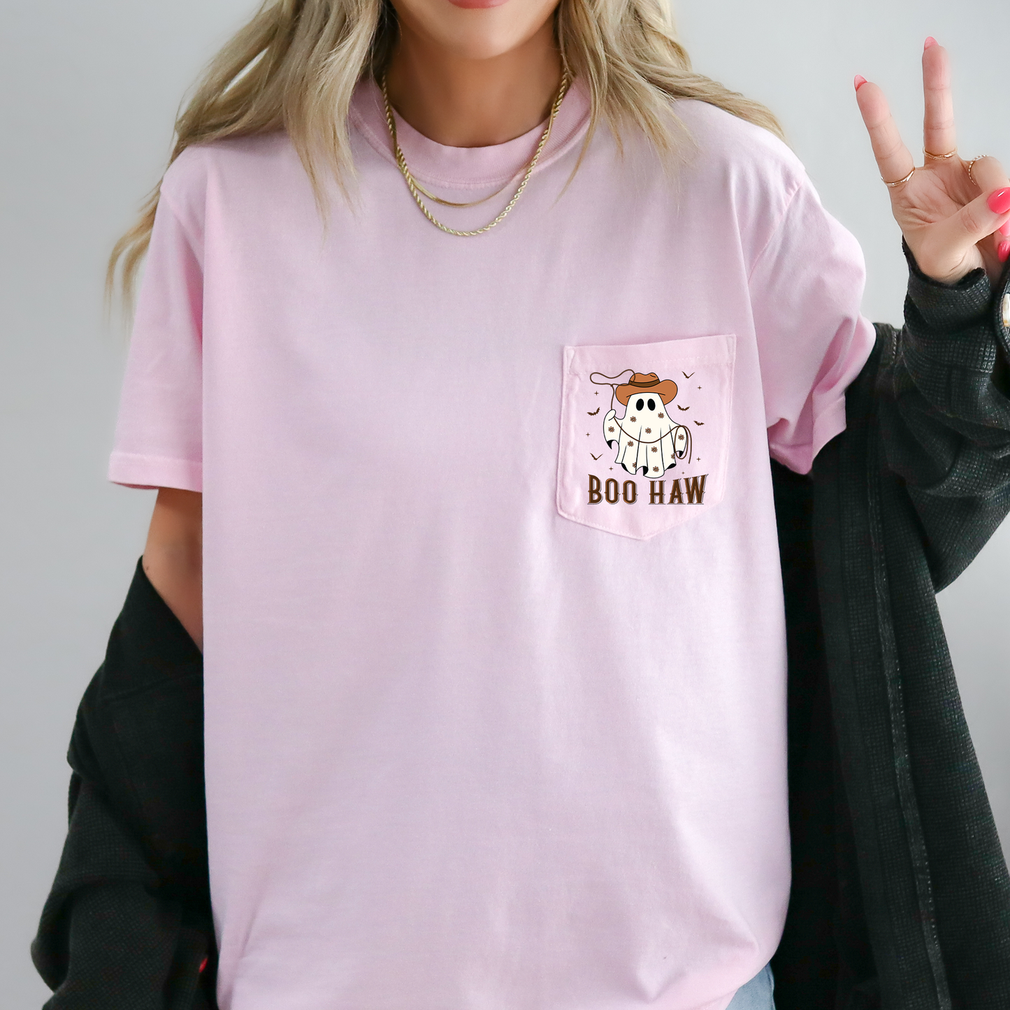 Boo Haw, Lasso, Cowboy, Western, Country, Halloween, Comfort Colors Pocket T-Shirt