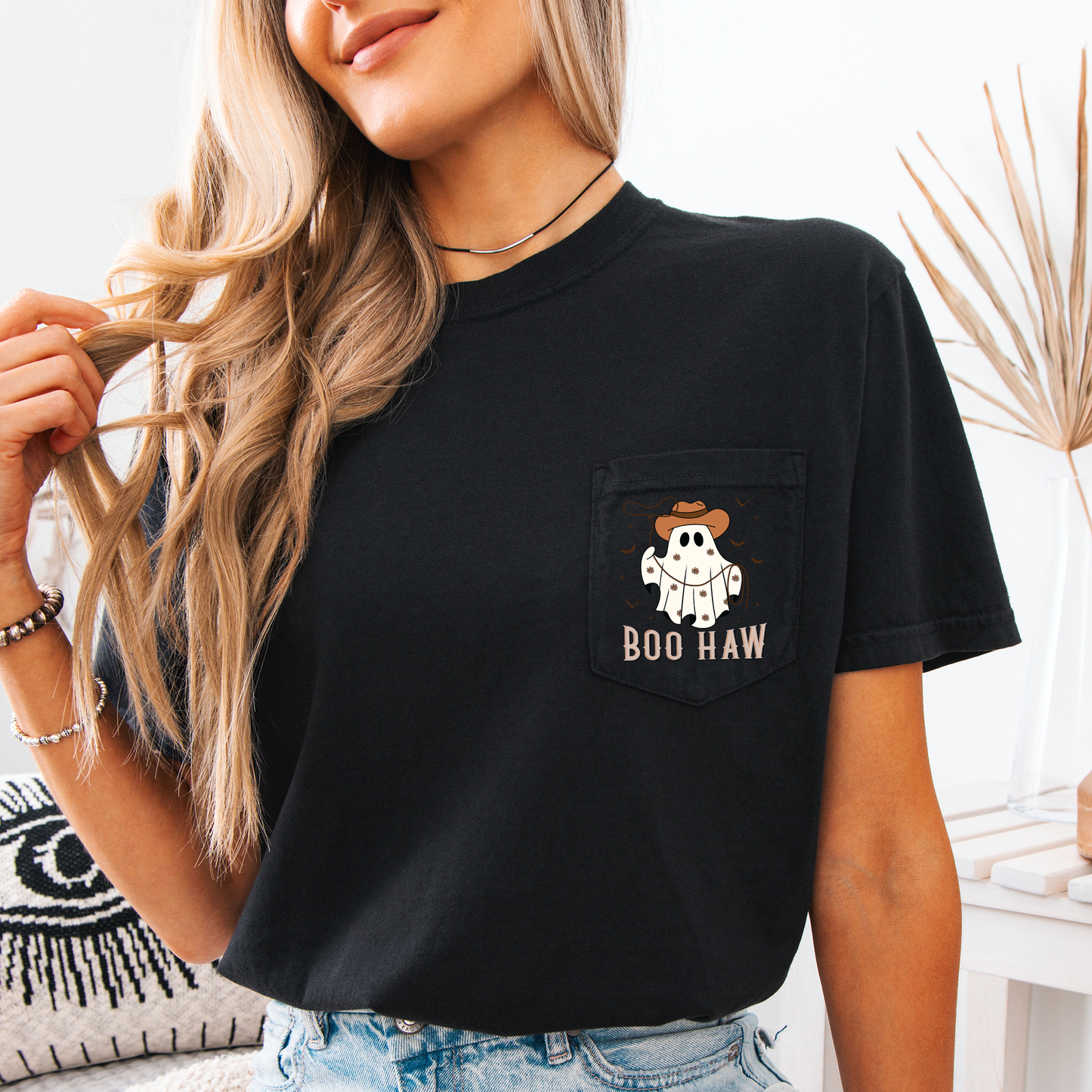 Boo Haw, Lasso, Cowboy, Western, Country, Halloween, Comfort Colors Pocket T-Shirt
