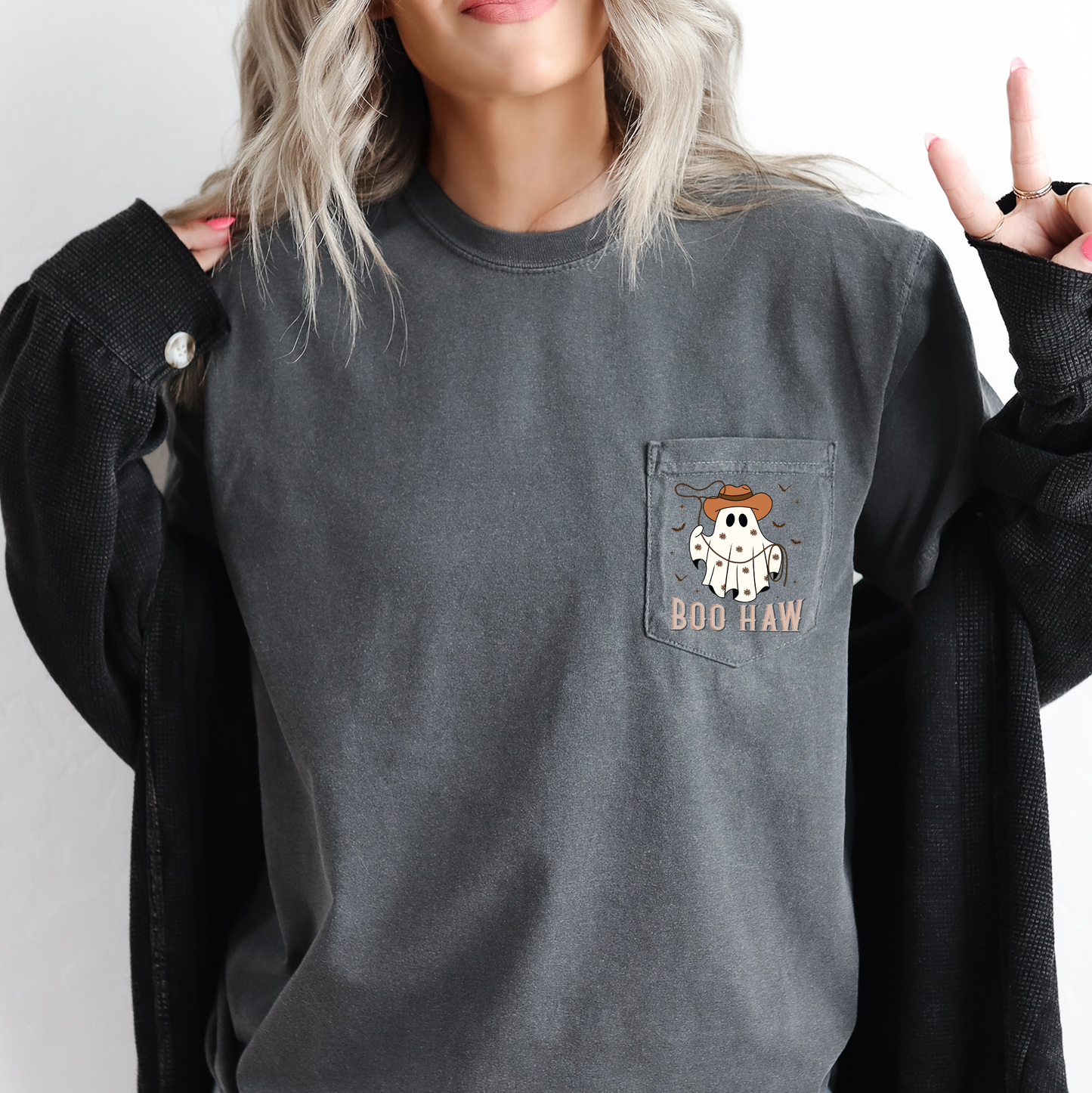Boo Haw, Lasso, Cowboy, Western, Country, Halloween, Comfort Colors Pocket T-Shirt