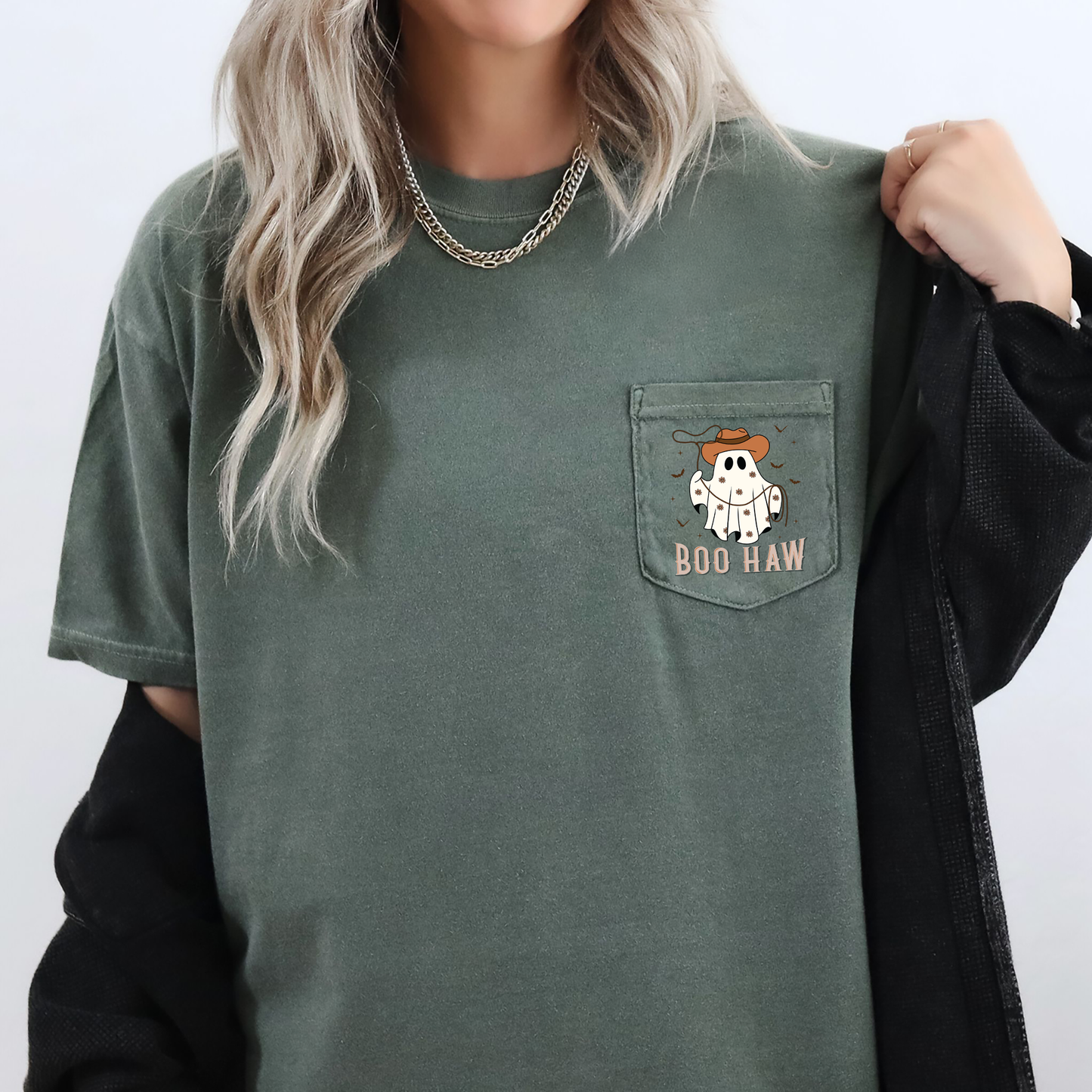 Boo Haw, Lasso, Cowboy, Western, Country, Halloween, Comfort Colors Pocket T-Shirt