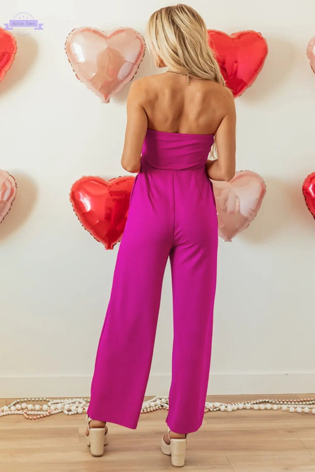 Bright Pink Bowknot Strapless Wide Leg Jumpsuit Aaria Tees Aaria Tees