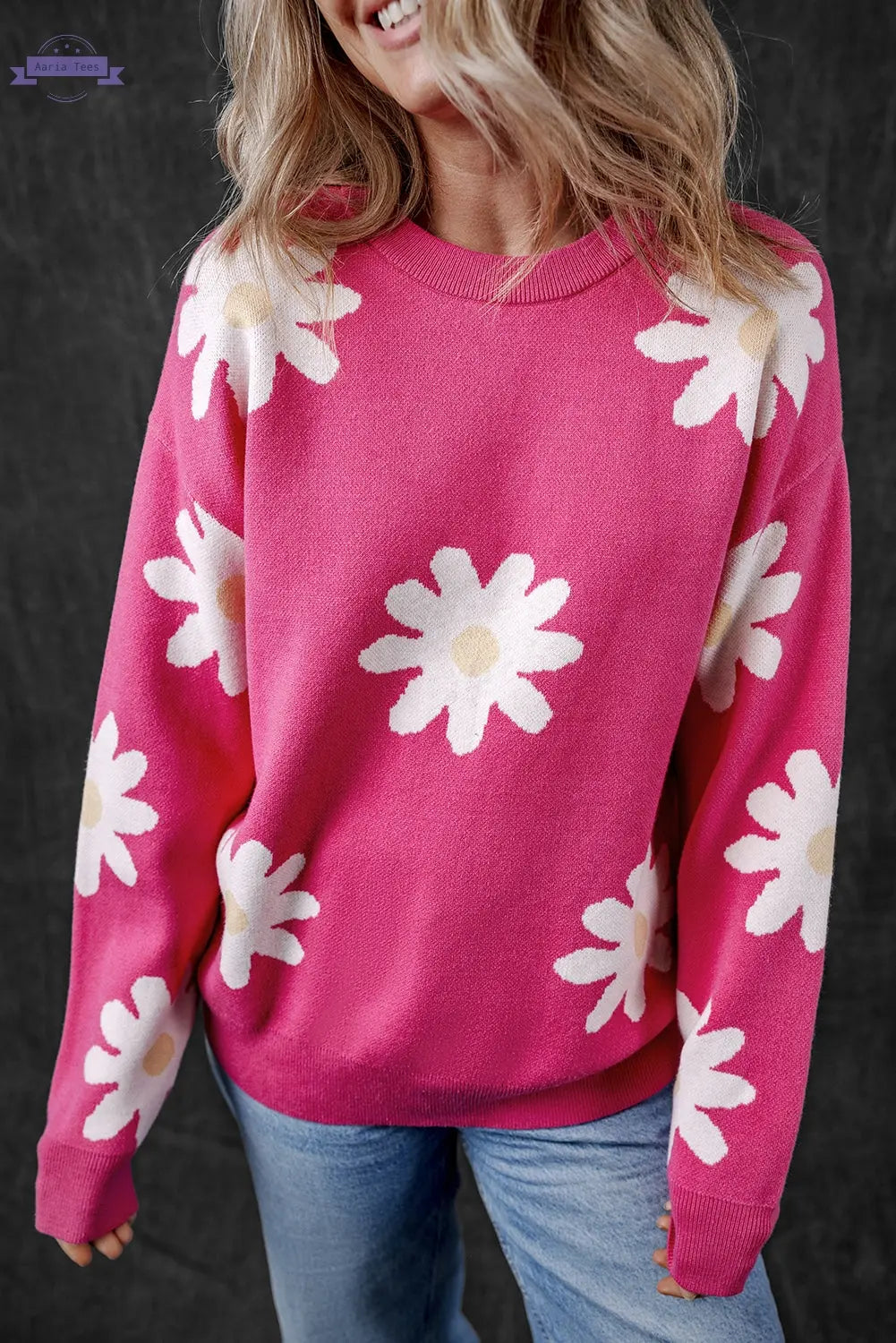 Bright Pink Daisy Flower Crew Neck Long Sleeve Sweater Aaria Tees