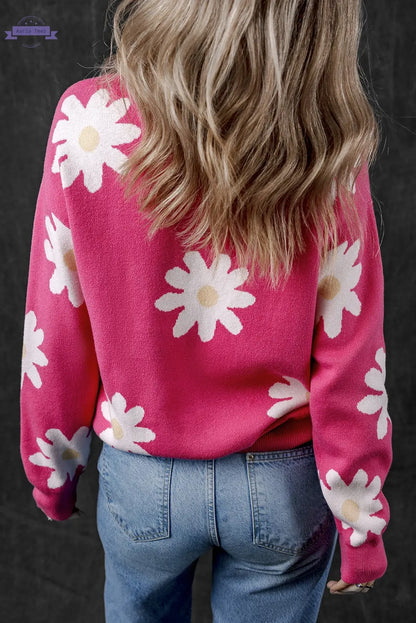 Bright Pink Daisy Flower Crew Neck Long Sleeve Sweater Aaria Tees