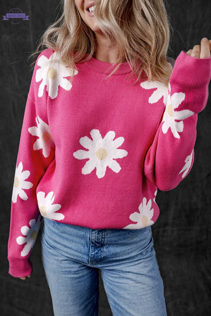 Bright Pink Daisy Flower Crew Neck Long Sleeve Sweater Aaria Tees