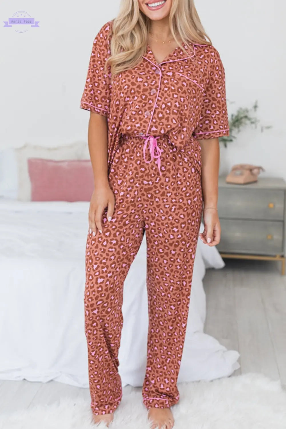 Brown Leopard Print Short Sleeve Shirt and Pants Pajamas Set Aaria Tees Aaria Tees
