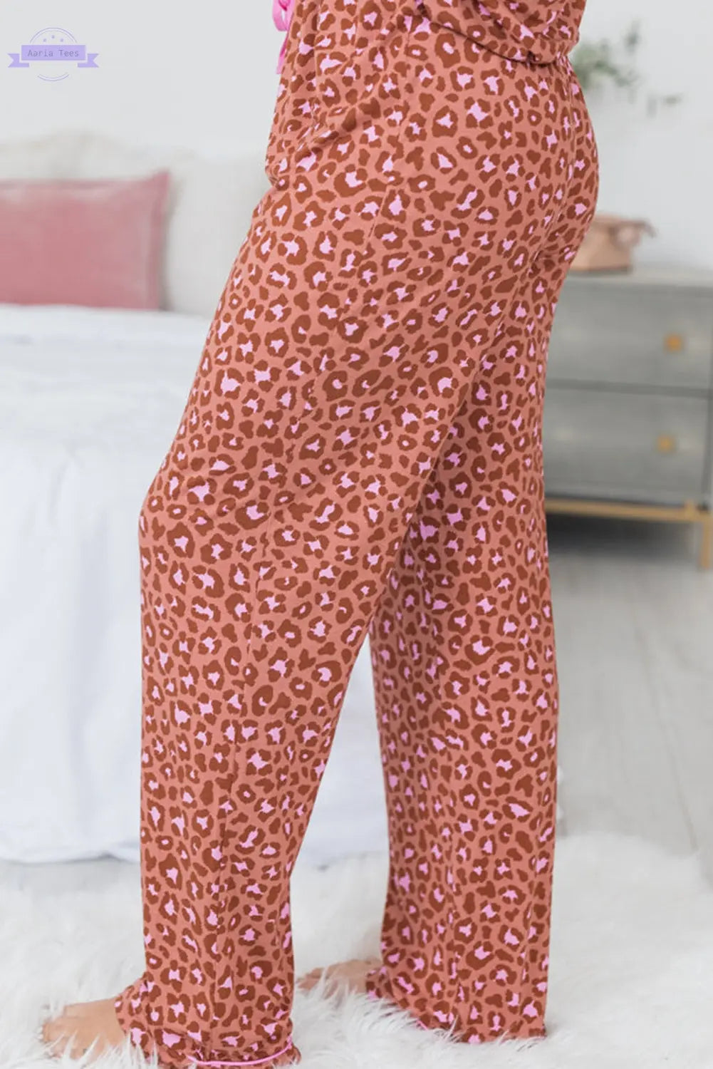 Brown Leopard Print Short Sleeve Shirt and Pants Pajamas Set Aaria Tees