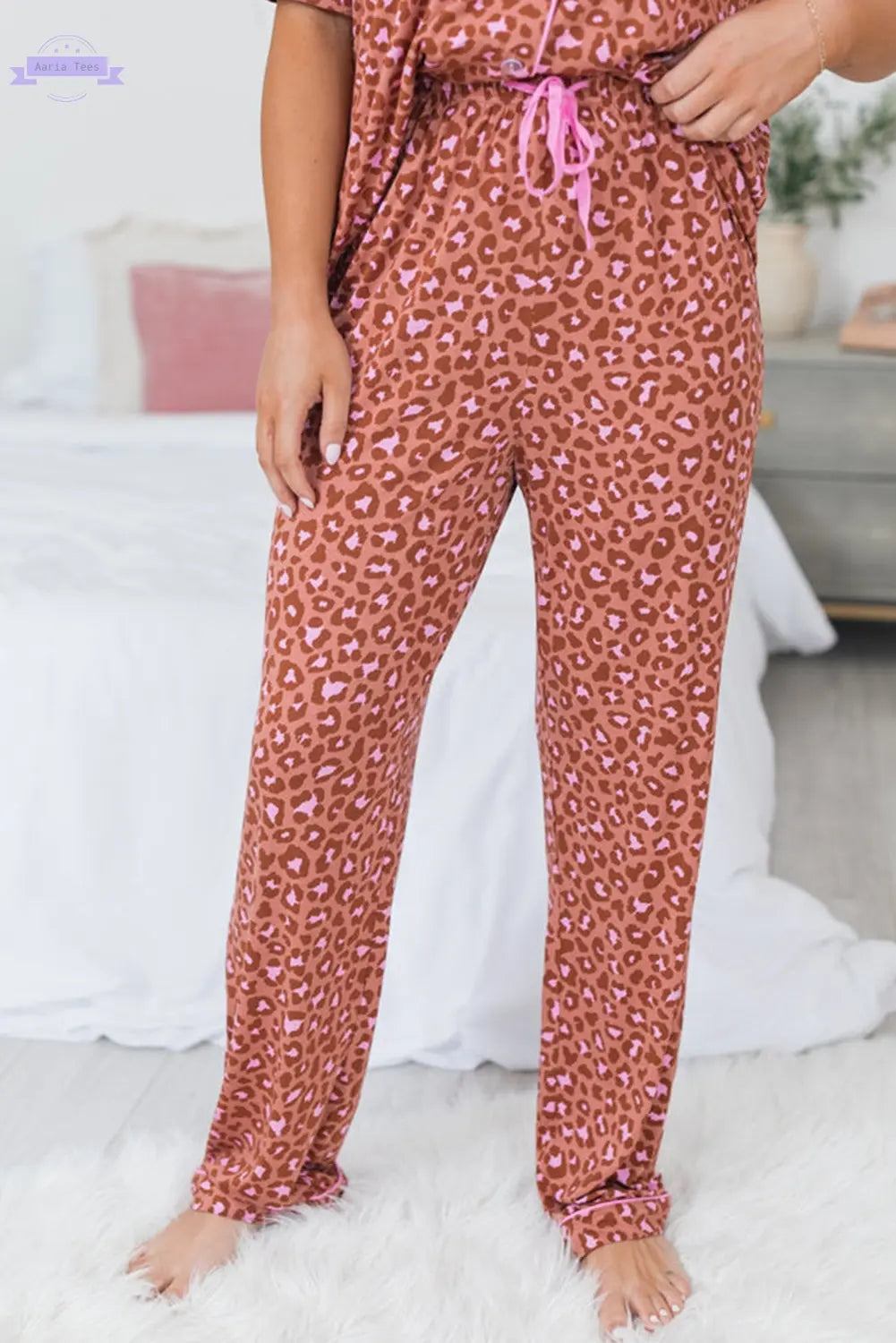 Brown Leopard Print Short Sleeve Shirt and Pants Pajamas Set Aaria Tees Aaria Tees