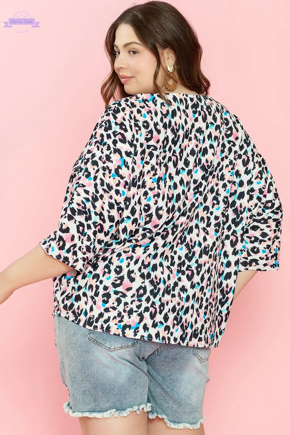 Brown Leopard Print V Neck Batwing Sleeve Plus Size Top Aaria Tees