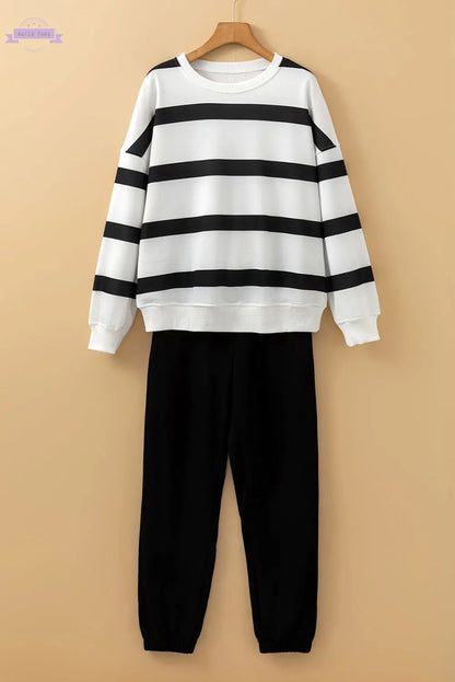 Brown Stripe Striped Drop Shoulder Pullover and Jogger Pants Set Aaria Tees