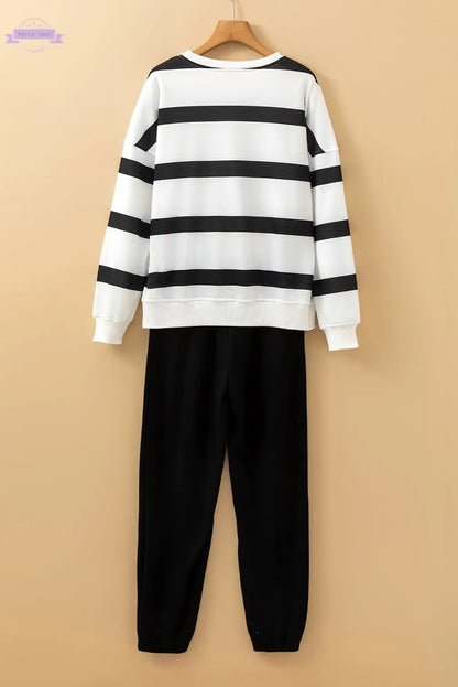 Brown Stripe Striped Drop Shoulder Pullover and Jogger Pants Set Aaria Tees