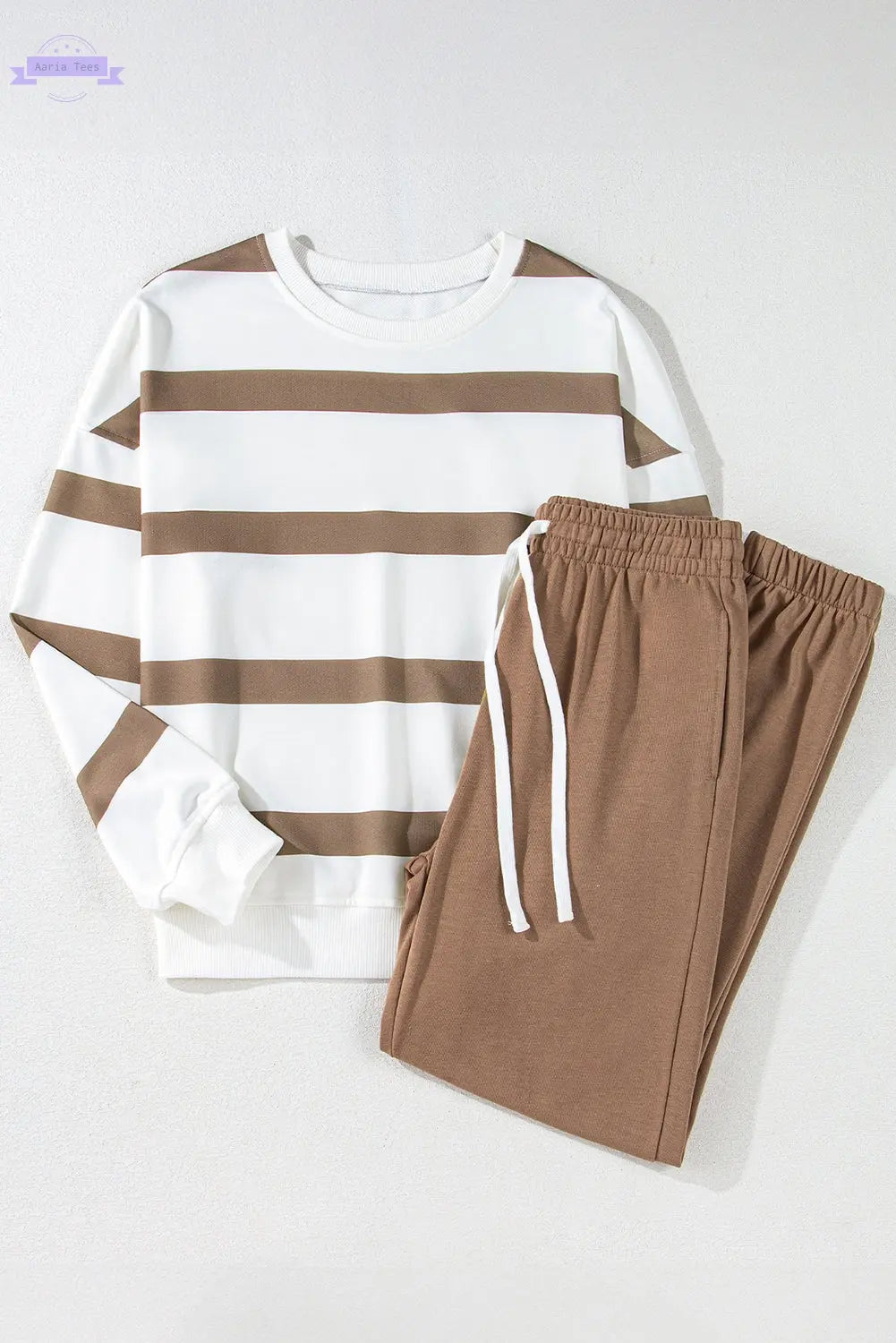 Brown Stripe Striped Drop Shoulder Pullover and Jogger Pants Set Aaria Tees