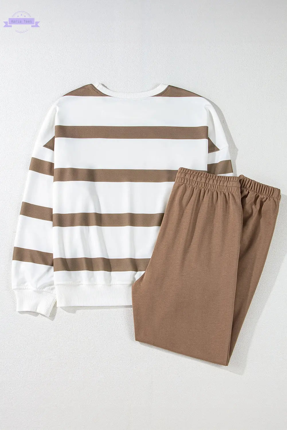 Brown Stripe Striped Drop Shoulder Pullover and Jogger Pants Set Aaria Tees