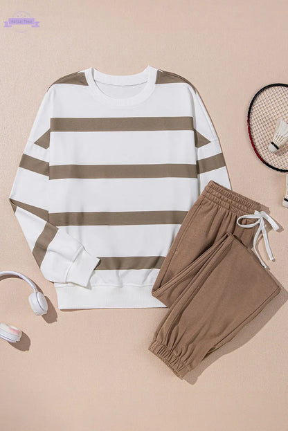 Brown Stripe Striped Drop Shoulder Pullover and Jogger Pants Set Aaria Tees