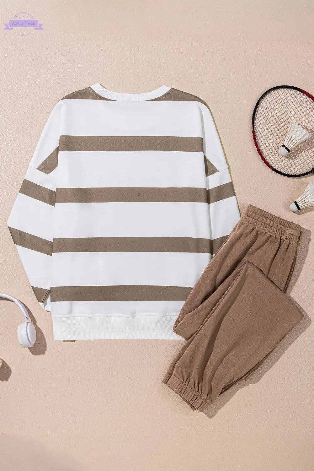 Brown Stripe Striped Drop Shoulder Pullover and Jogger Pants Set Aaria Tees