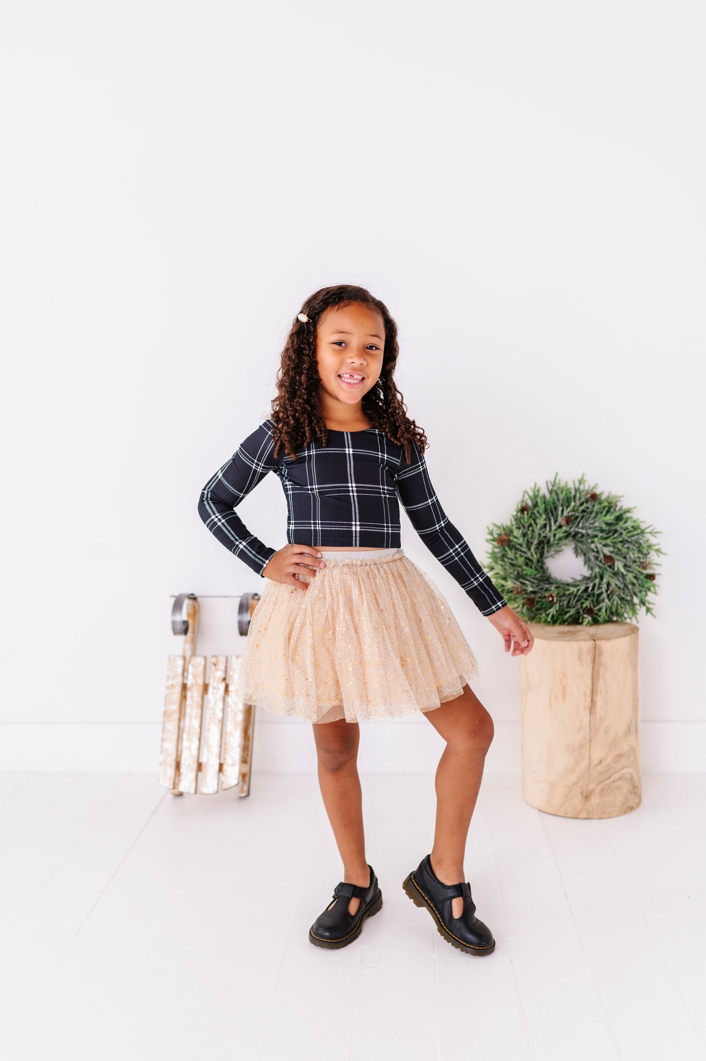 Black Plaid | CROPPED Bow Back Long Sleeve Top