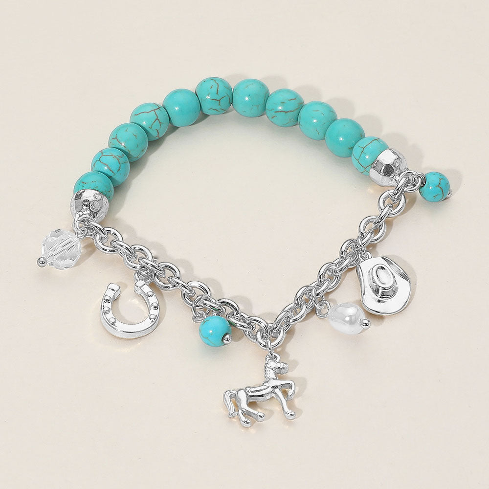SECRET BOX Western Horse Horse Shoe Cowboy Hat Pearl Charm Beaded Stretch Bracelet