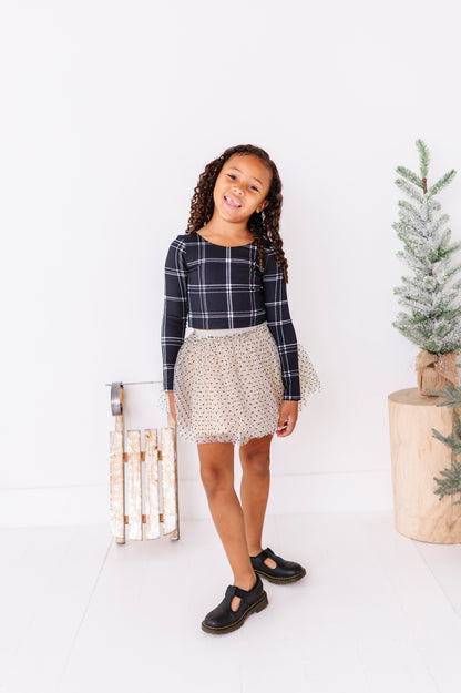 Black Plaid | CROPPED Bow Back Long Sleeve Top